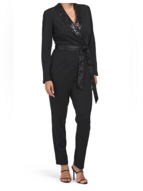 ADRIANNA PAPELL BLACK SEQUIN TUXEDO JUMPSUIT NWT $179 SIZE 16